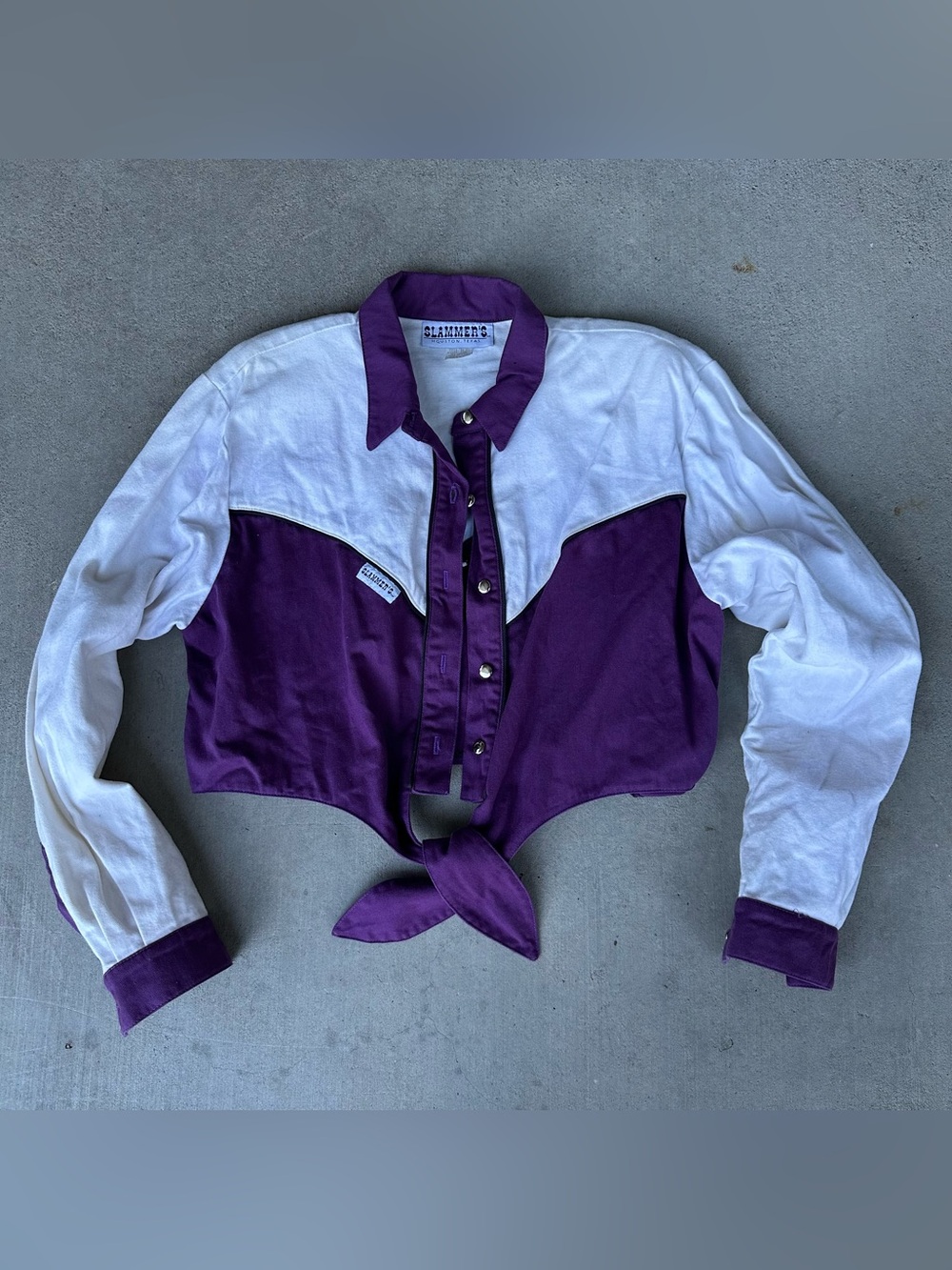 Vintage 90s Slammer’s Women’s L Purple/White Cropped Western Button-Up Shirt Lg